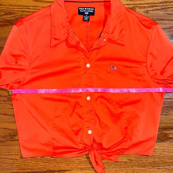 Vintage 90s Ralph Lauren Polo Jeans Co Orange Button Up Tie Waist Y2K Crop Top M - Picture 8 of 10